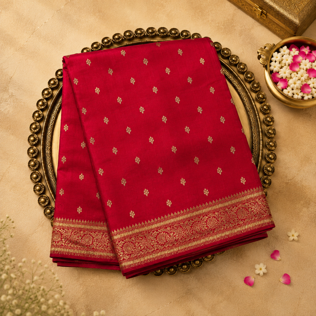 Bright Pink Semi Banarasi Silk Saree with Gold Zari Buttas & Floral Border