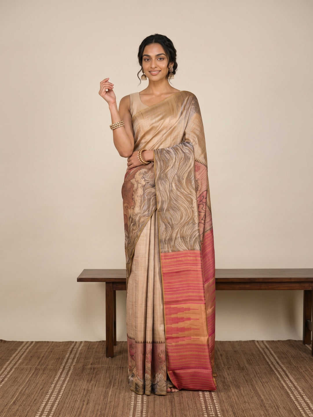 Pink & Gold Pure Kanjeevaram Designer Silk Saree with Floral Motifs