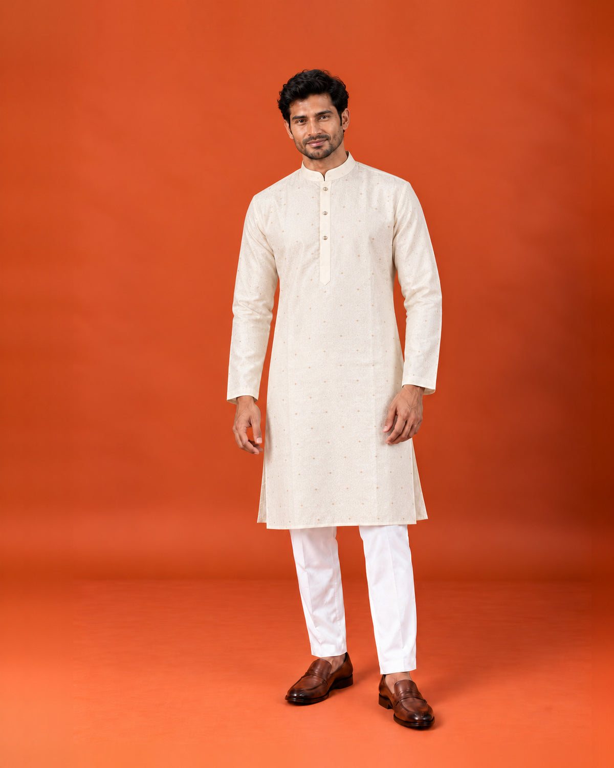 Cream Silk Self-Weave Kurta with Matching Pants