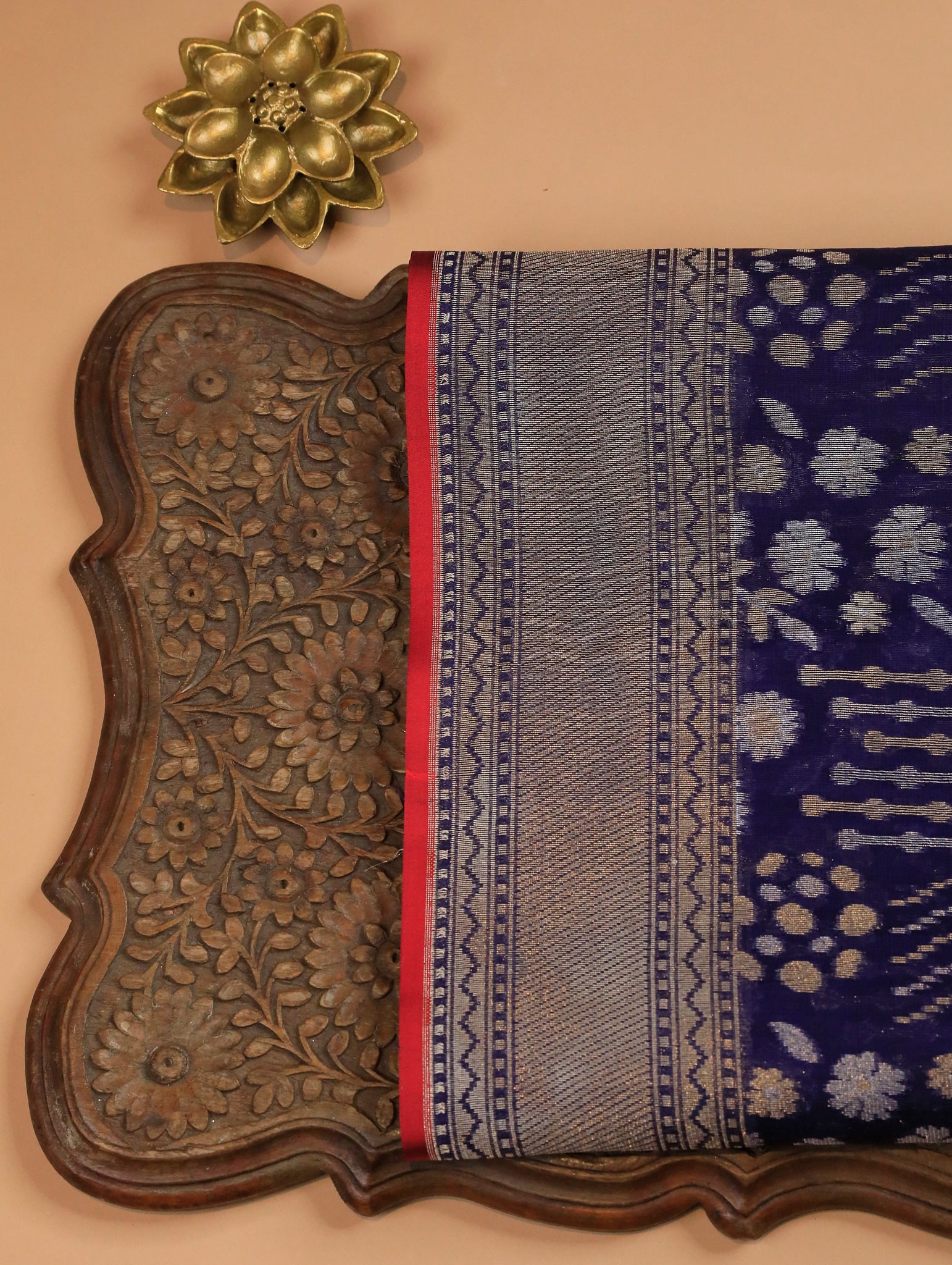 Navy Blue Pure Banarasi Organza Silk Saree with Floral Zari Brocade