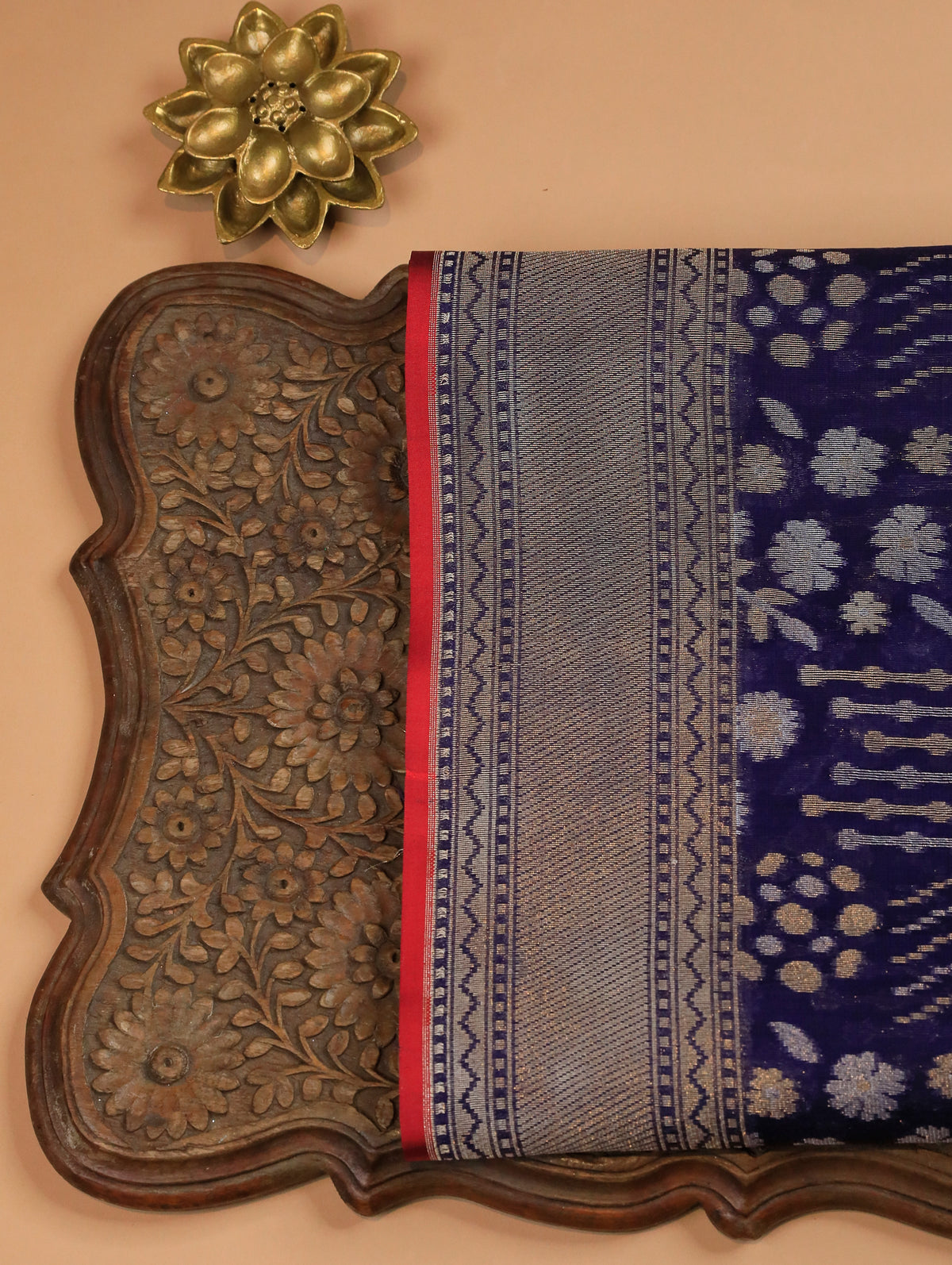 Navy Blue Pure Banarasi Organza Silk Saree with Floral Zari Brocade