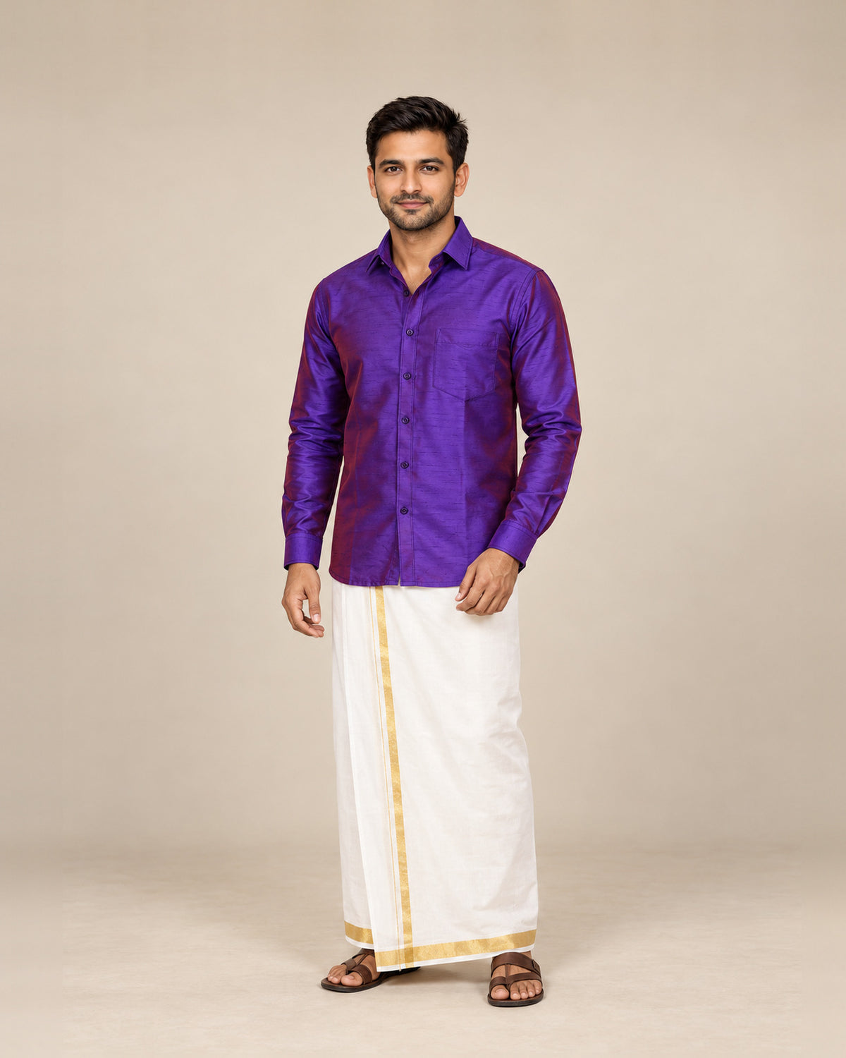 Purple and Red Dual-Tone Plain Raw Silk Shirt