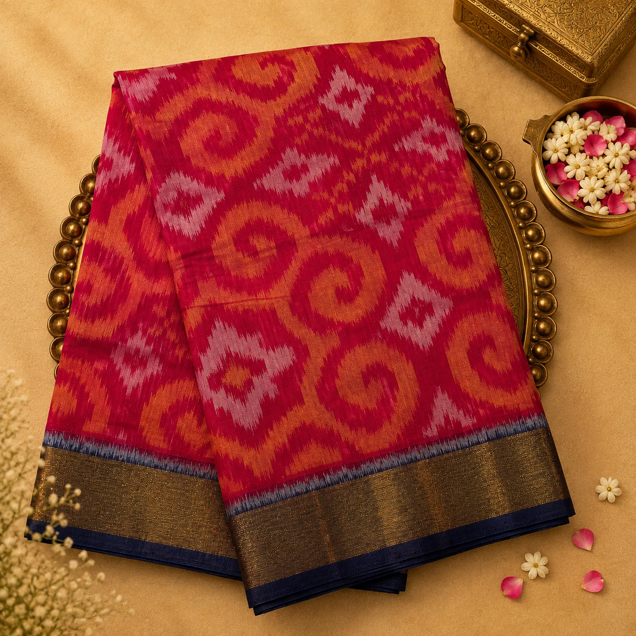 Bright Pink Pure Ikat Handloom Cotton Silk Saree with Dark Blue Border