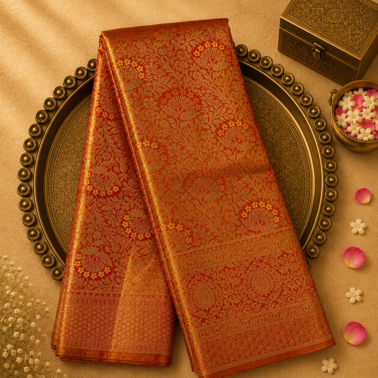 Dark Peach Kanchivaram Tissue Silk Saree with Floral Design