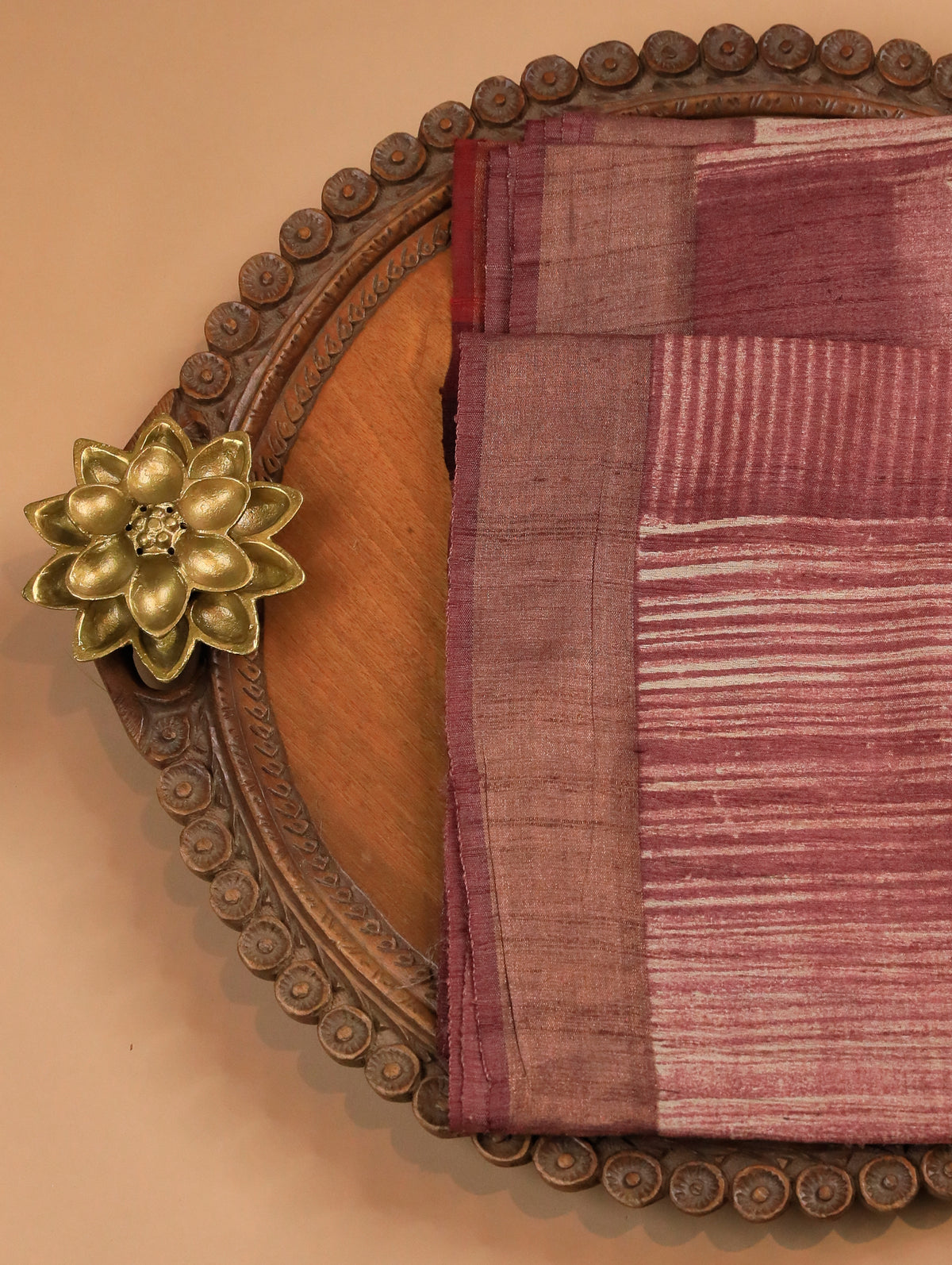 Onion Pink-Beige Pure Tussar Silk Saree with Abstract Print & Zari Border