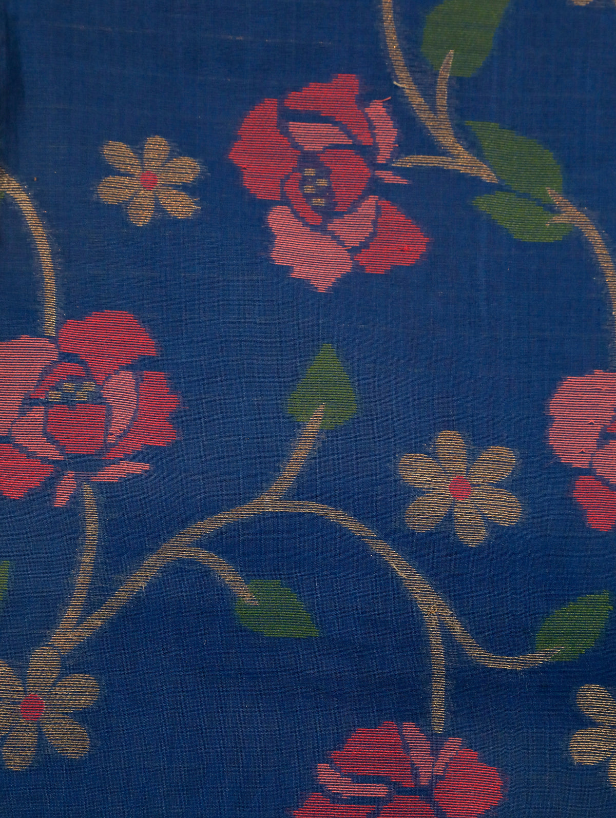 Peacock Blue Mulmul Cotton Saree with Floral Design & Zari Border