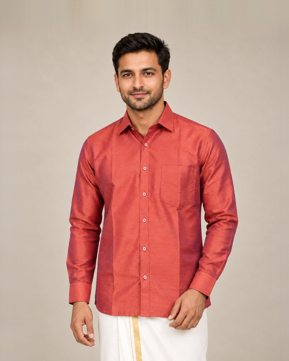 Brick Red Plain Raw Silk Shirt
