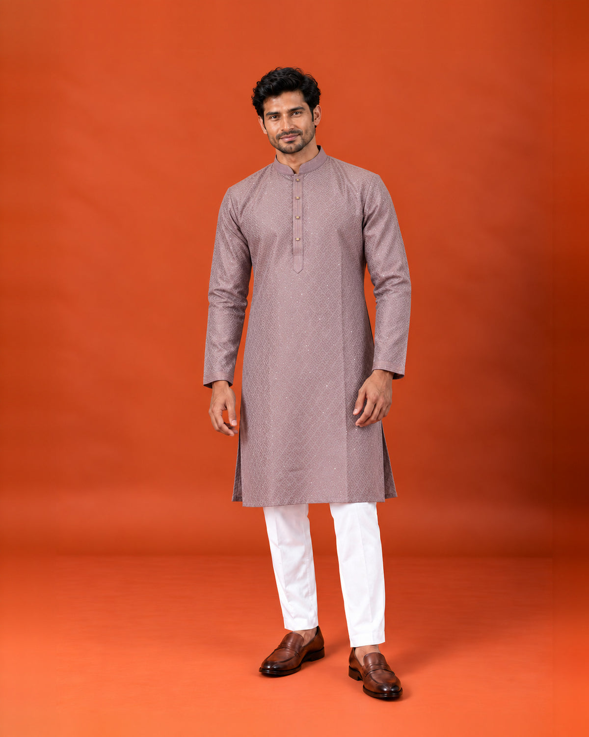 Dusky Lavender Silk Embroidered Kurta with White Pants