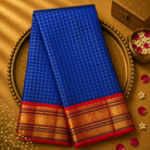 Blue Kanjeevaram Silk Saree with Zari Checks, Orange-Gold Border & Blouse