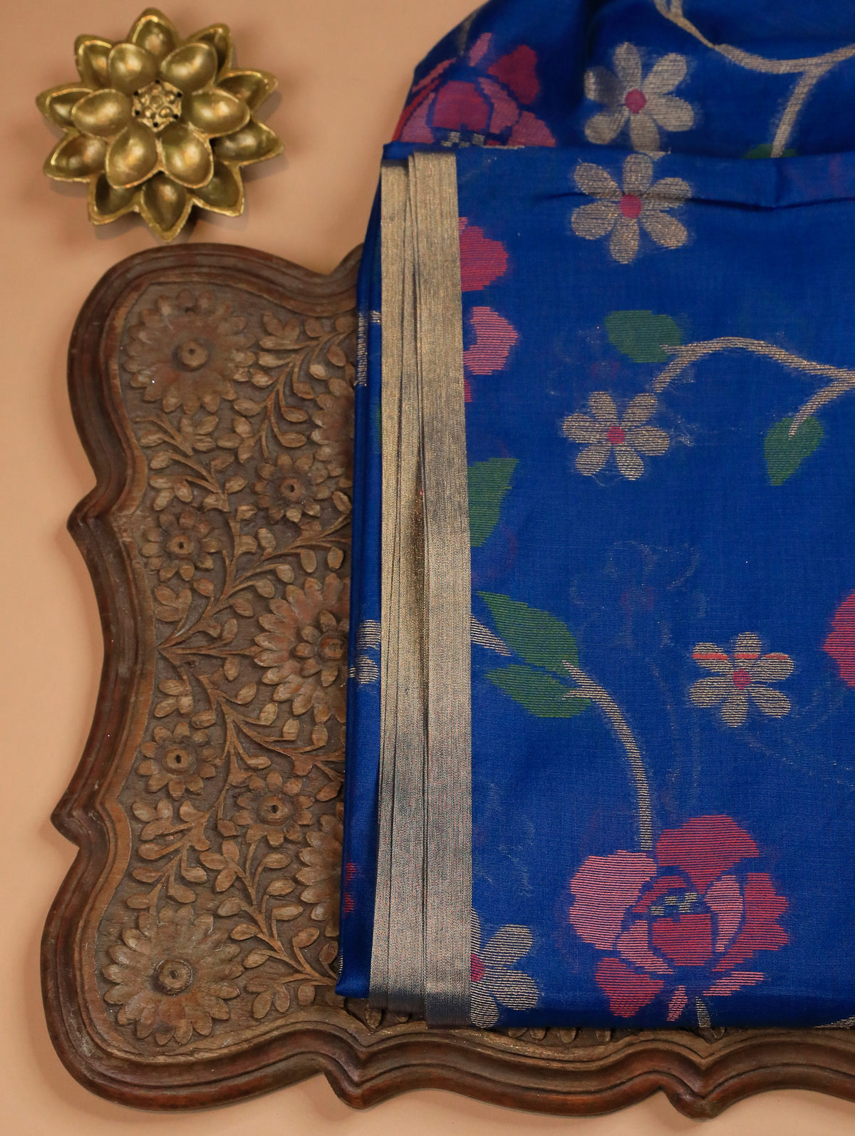 Peacock Blue Mulmul Cotton Saree with Floral Design & Zari Border