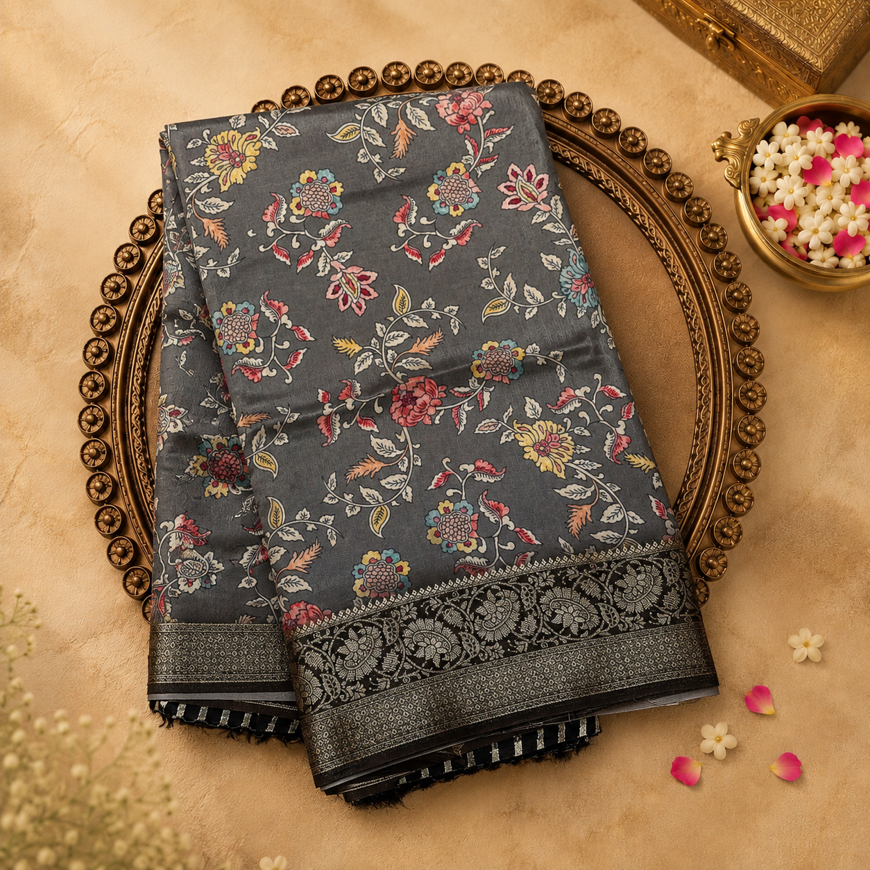 Grey Semi Crepe Silk Saree with Floral Print & Floral Traditional Border