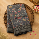 Grey Semi Crepe Silk Saree with Floral Print & Floral Traditional Border