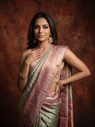Pista Green Pure Kanjeevaram Tissue Silk Saree with Floral Brocade & Pink Border - detail