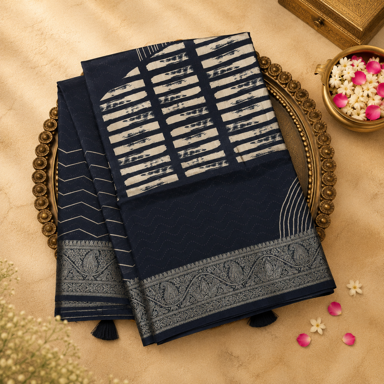 Dark Navy Blue Semi Crepe Silk Saree with Abstract Print & Gold Zari Border