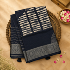 Dark Navy Blue Semi Crepe Silk Saree with Abstract Print & Gold Zari Border