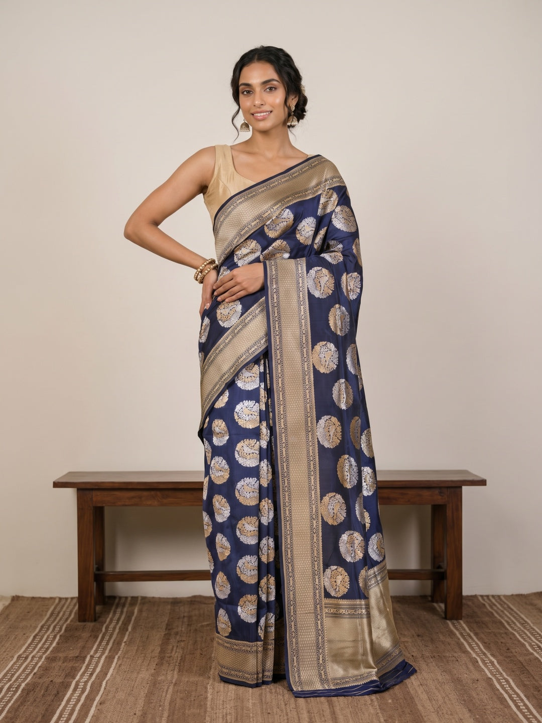 Dark Navy Blue Pure Banarasi Silk Saree with Zari Motifs & Gold Border - detail