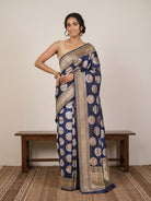 Dark Navy Blue Pure Banarasi Silk Saree with Zari Motifs & Gold Border - detail