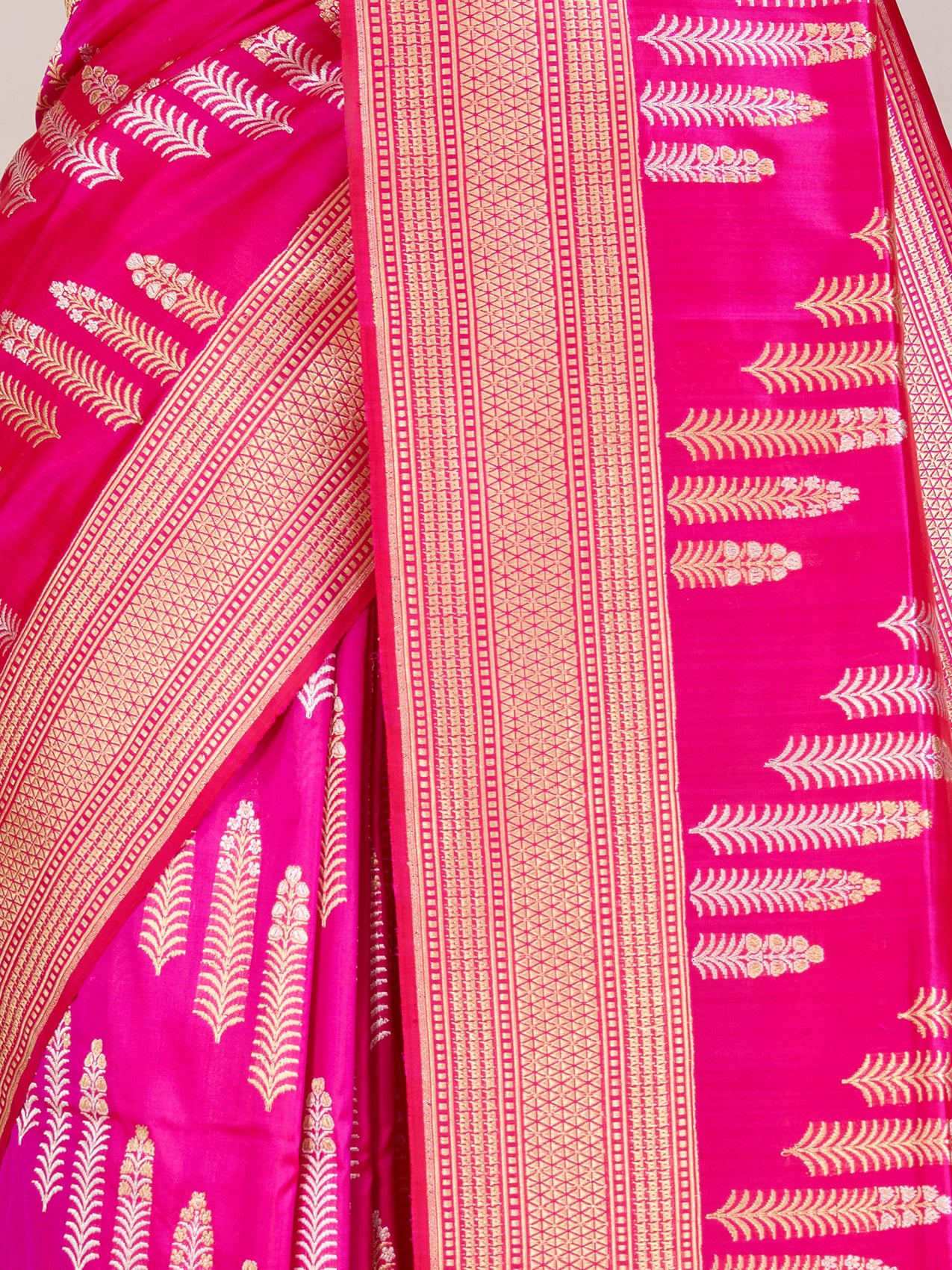 Bright Pink Pure Banarasi Silk Saree with Gold & Silver Diagonal Motifs - detail