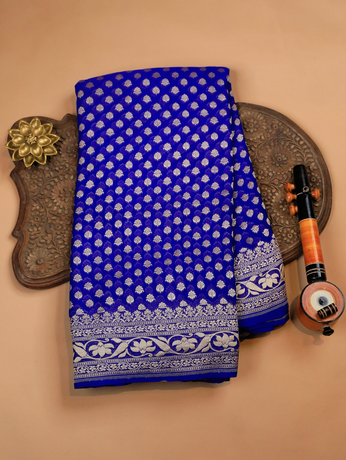 Ink Blue Pure Banarasi Georgette Saree with Zari Buttas & Floral Border