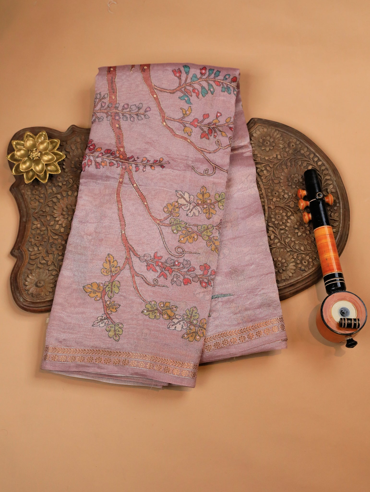 Onion Pink Pure Organza Tissue Silk Saree with Floral Print & Zari Border
