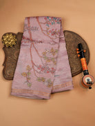 Onion Pink Pure Organza Tissue Silk Saree with Floral Print & Zari Border