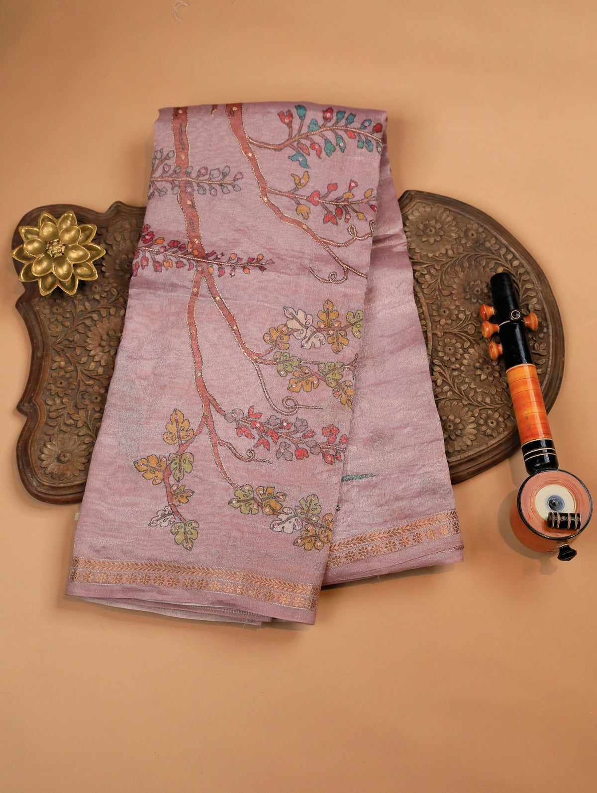 Onion Pink Pure Organza Tissue Silk Saree with Floral Print & Zari Border