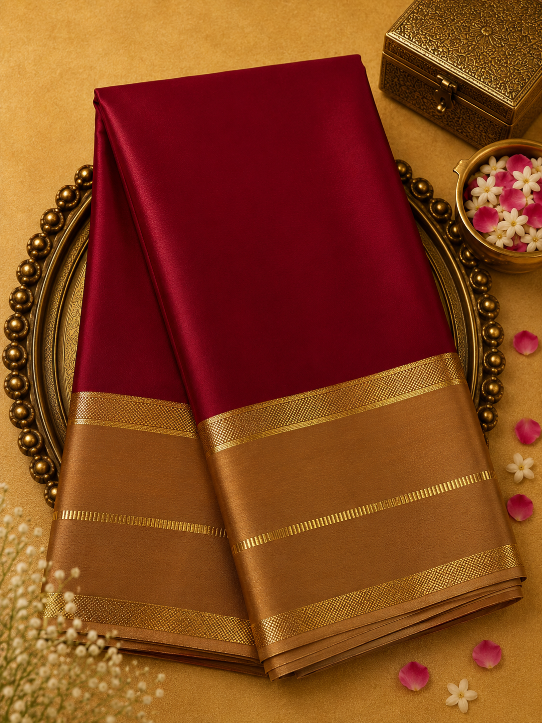 Red Pure Mysore Crepe Silk Saree with Beige Gold Border