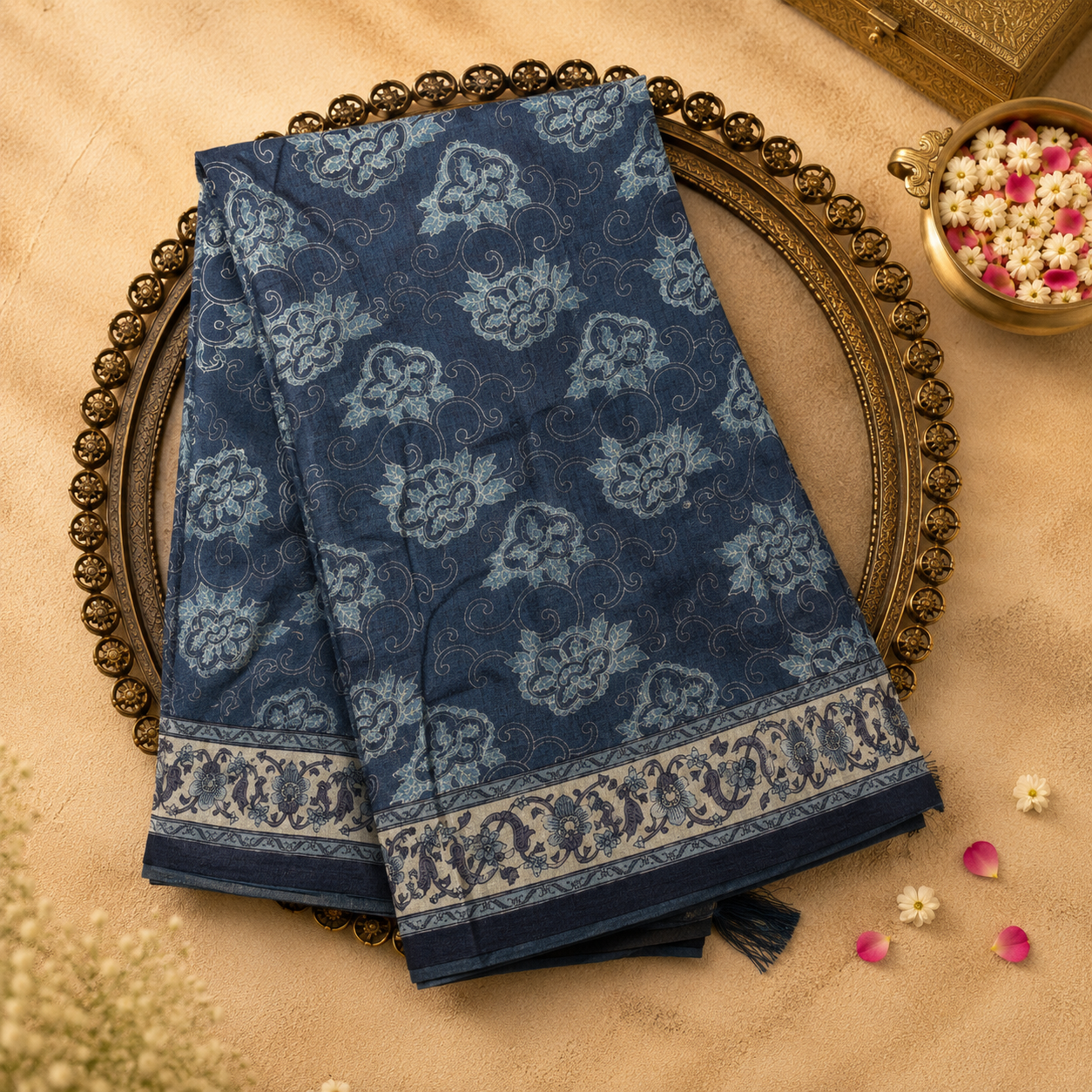 Ink Blue Semi Crepe Silk Saree with Floral Print