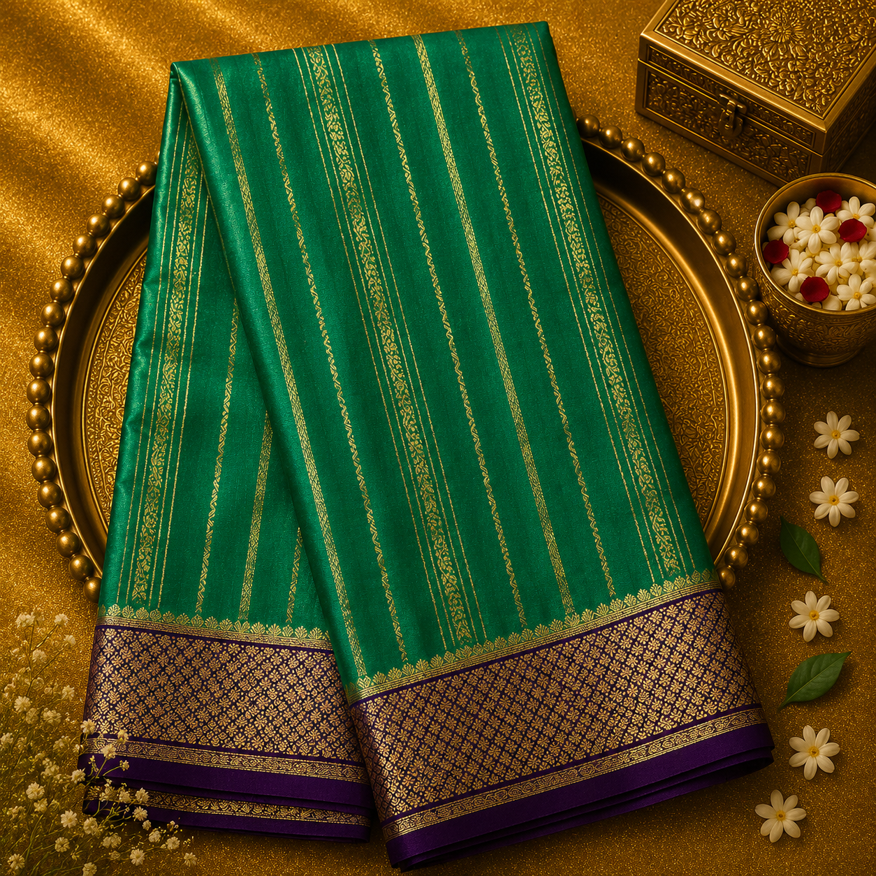 Green Pure Mysore Crepe Silk Saree with Zari Lines, Purple-Gold Border & Blouse