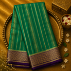 Green Pure Mysore Crepe Silk Saree with Zari Lines, Purple-Gold Border & Blouse