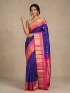 Dark Ink Blue Pure Kanjeevaram Silk Saree with Gold Buttas & Pink Border - detail