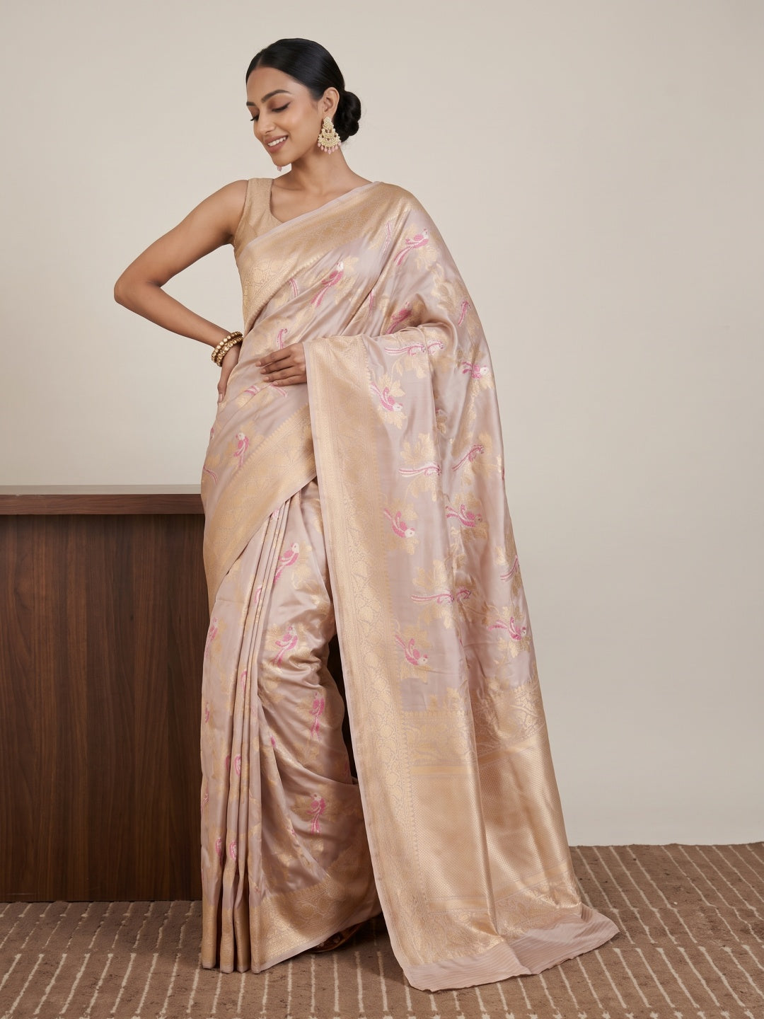 Light Brownish Beige Pure Banarasi Silk Saree with Meenakari Border - detail