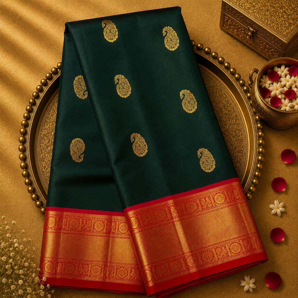 Bottle Green Kanjeevaram Silk Saree with Mango Zari & Pink-Orange Border
