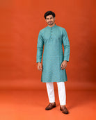 Teal Rayon Cotton Kurta with White Pants