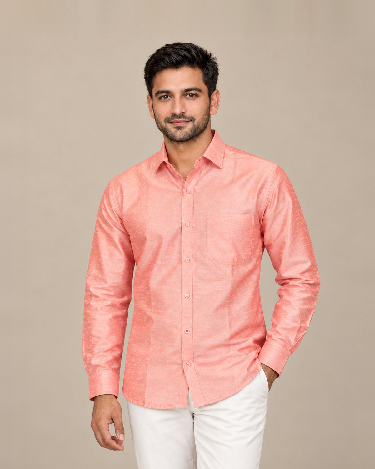 Peach Plain Raw Silk Shirt
