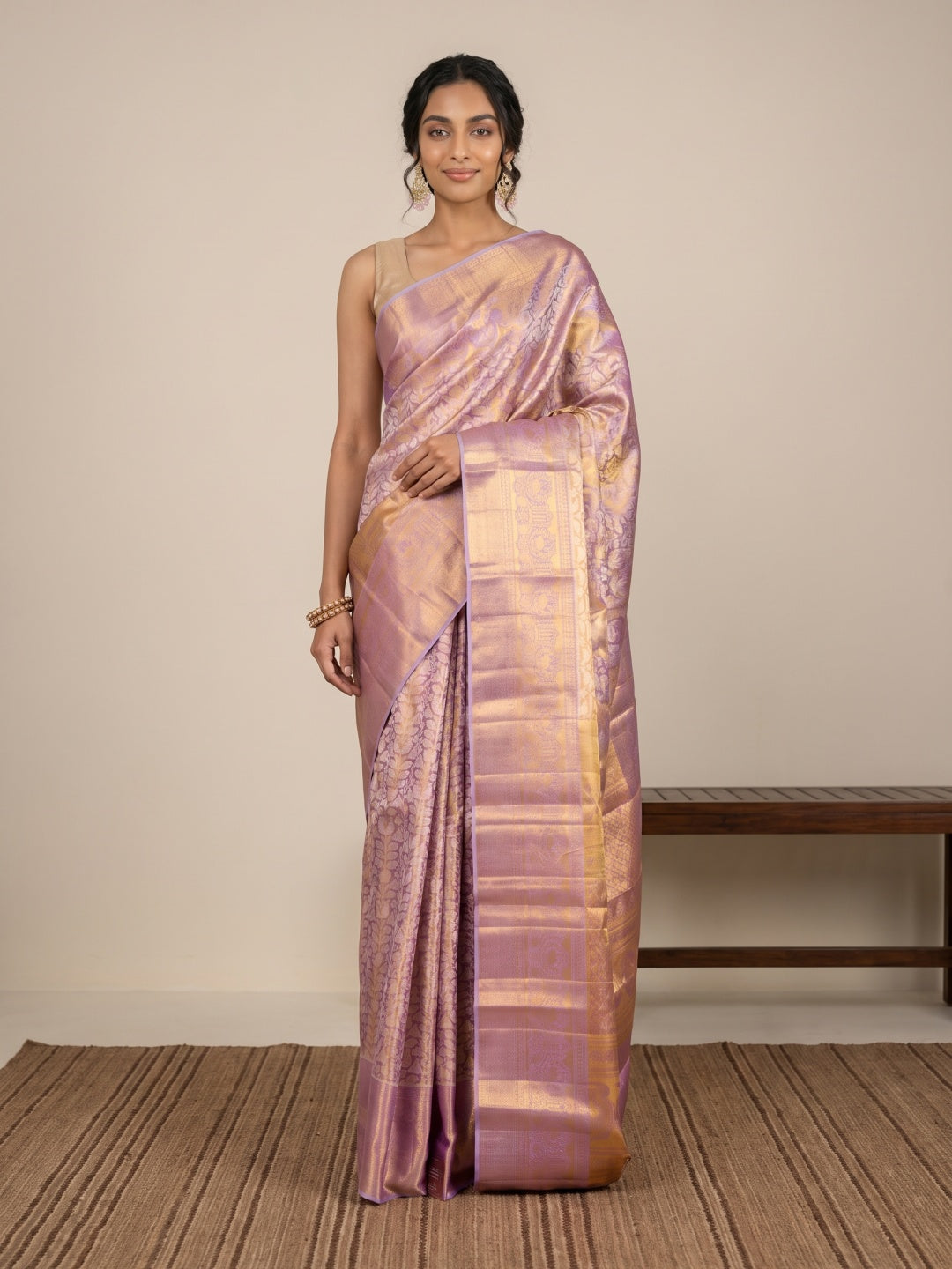 Gold & Lavender Dual-Tone Kanjeevaram Silk Saree with Brocade Weave - detail
