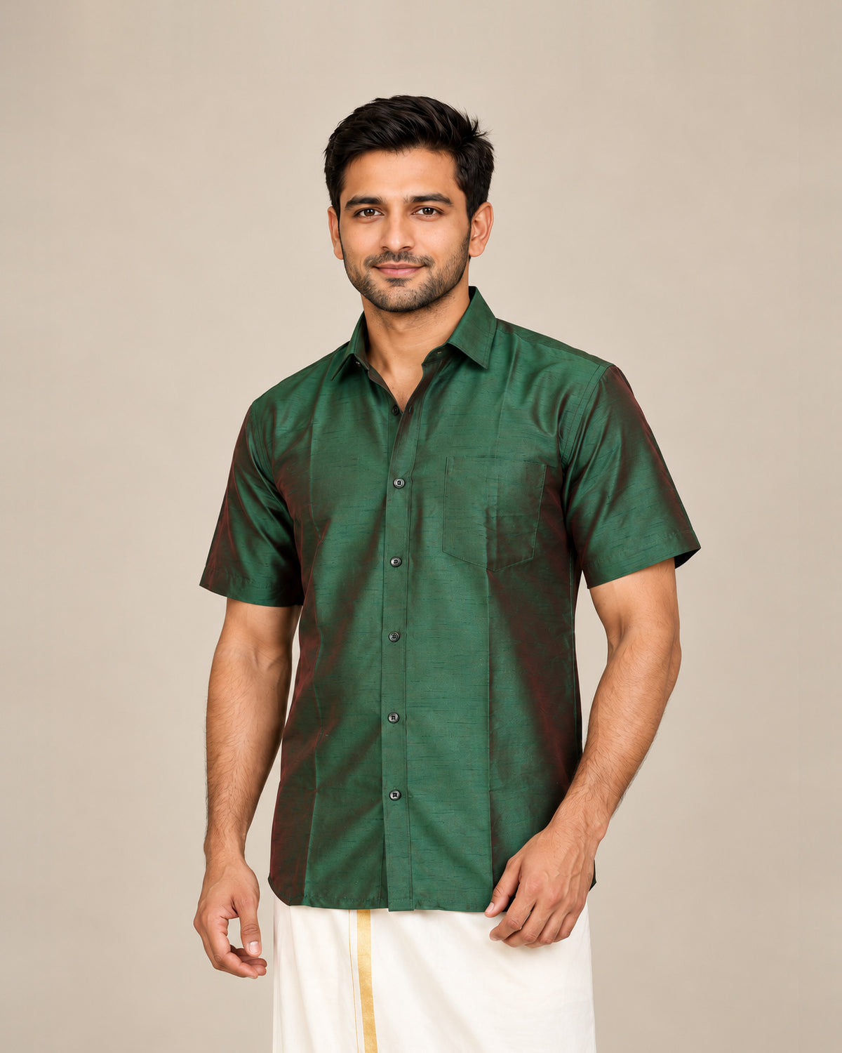 Dark Bottle Green Plain Raw Silk Shirt