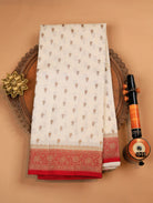 Off-White Pure Banarasi Matka Silk Saree with Zari Buttas & Red Floral Border