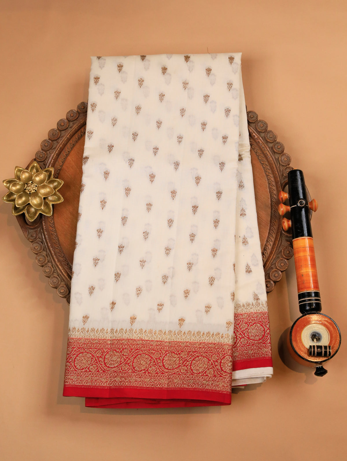 Off-White Pure Banarasi Matka Silk Saree with Zari Buttas & Red Floral Border
