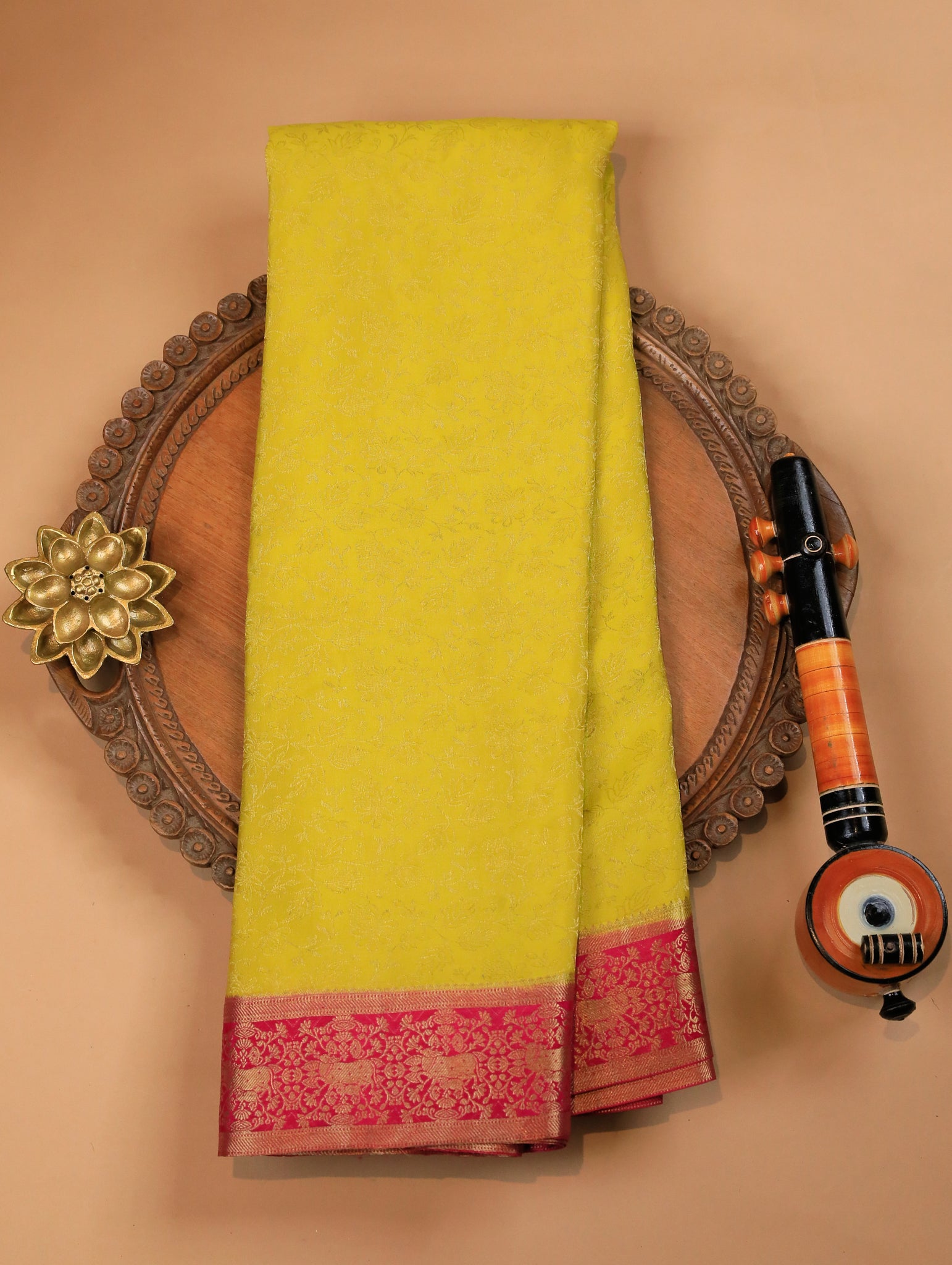 Mehendi Green Pure Mysore Silk Saree with Floral Brocade & Pink Border