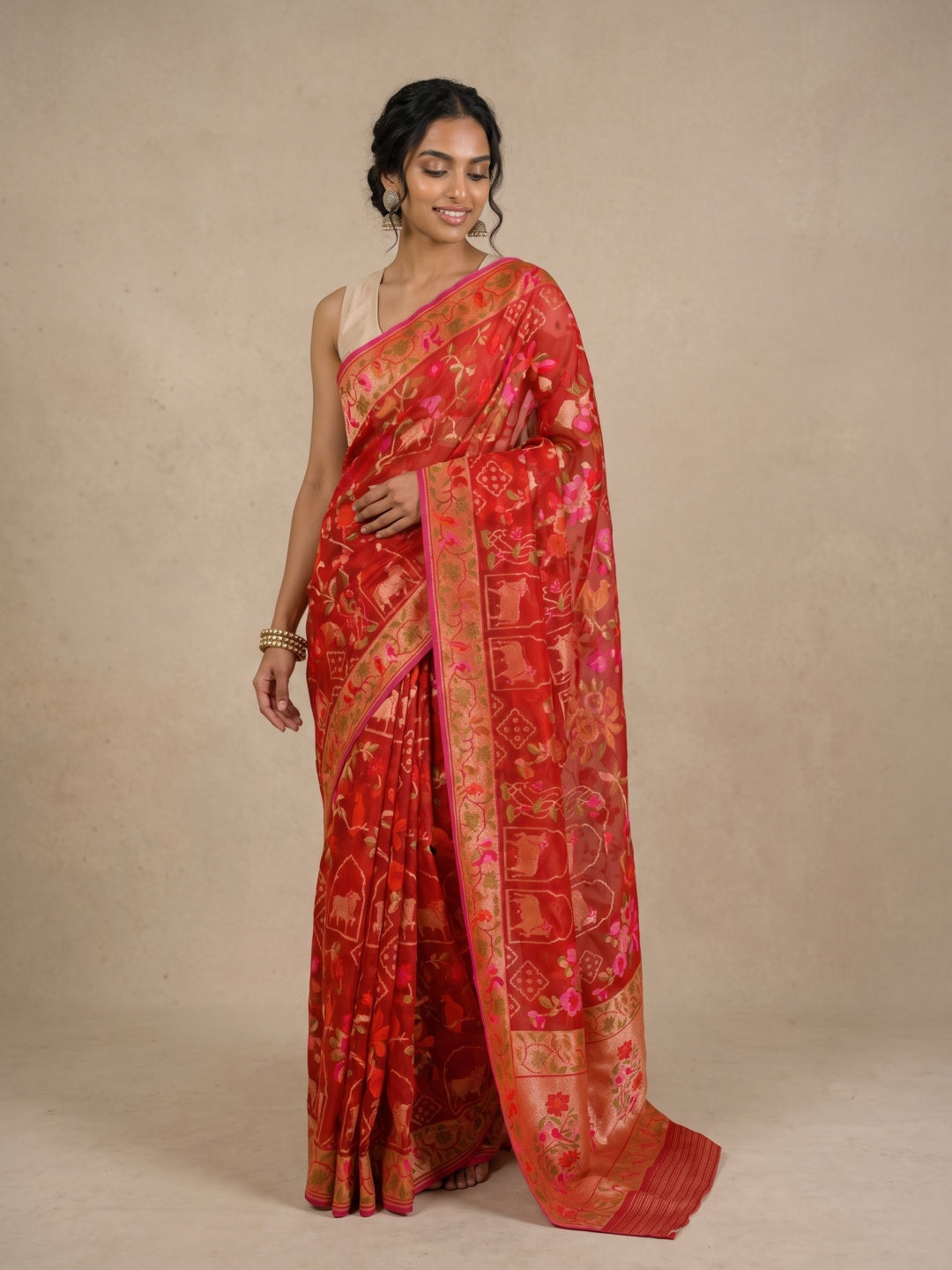 Multi Pastel Pure Banarasi Tissue Brocade Silk Saree with Gold Zari Motifs - detail