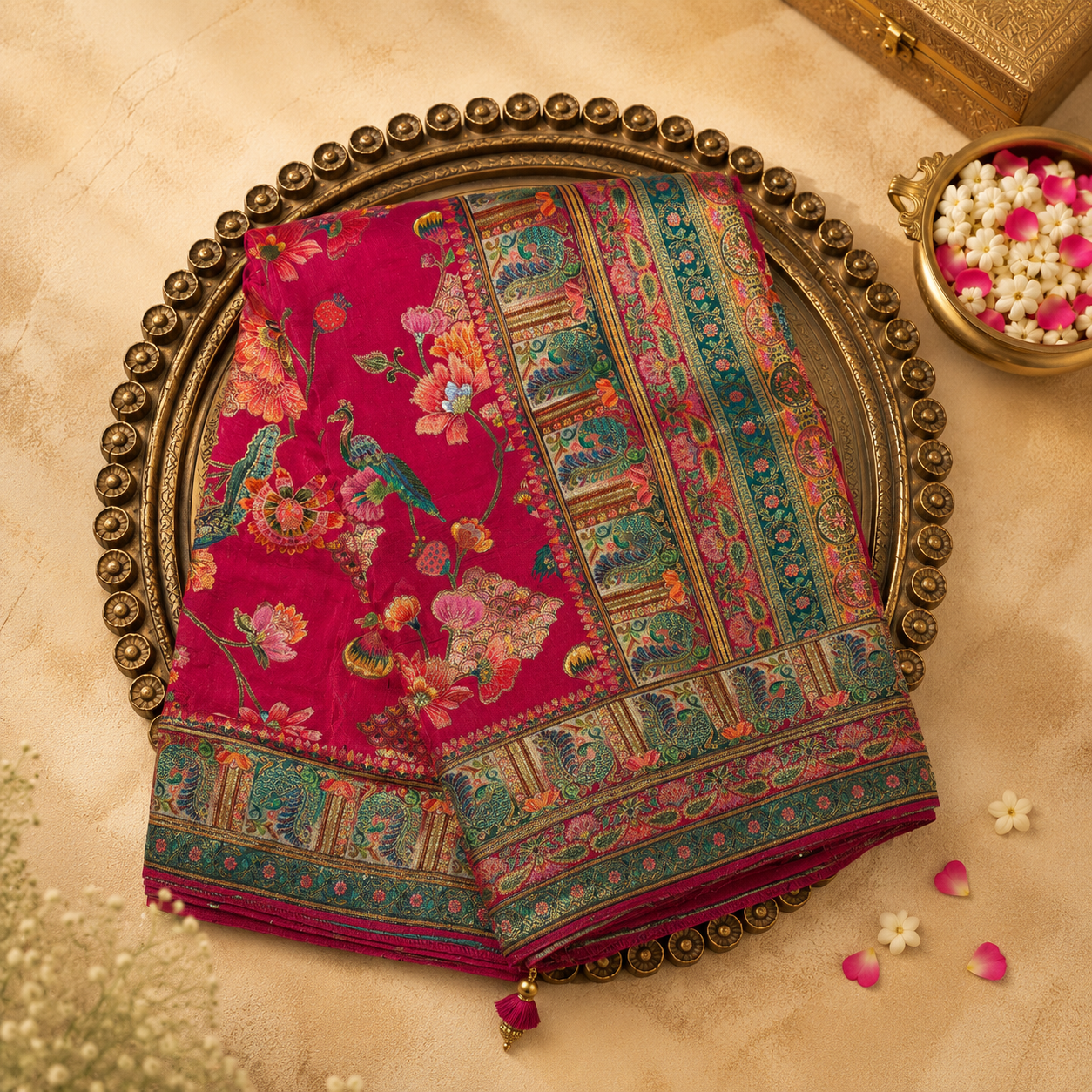 Magenta Pink Semi Pashmina Silk Saree with Peacock Motifs & Multicolour Border