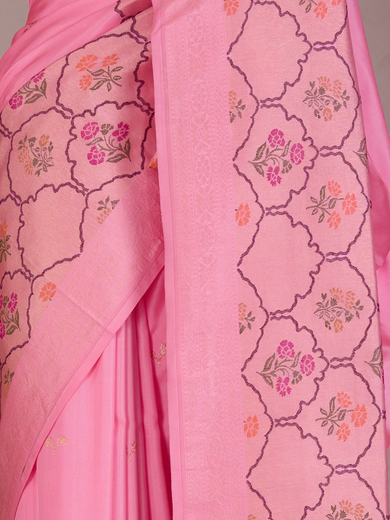 Baby Pink Pure Banarasi Silk Saree with Floral Zari Motifs & Meenakari Border - detail