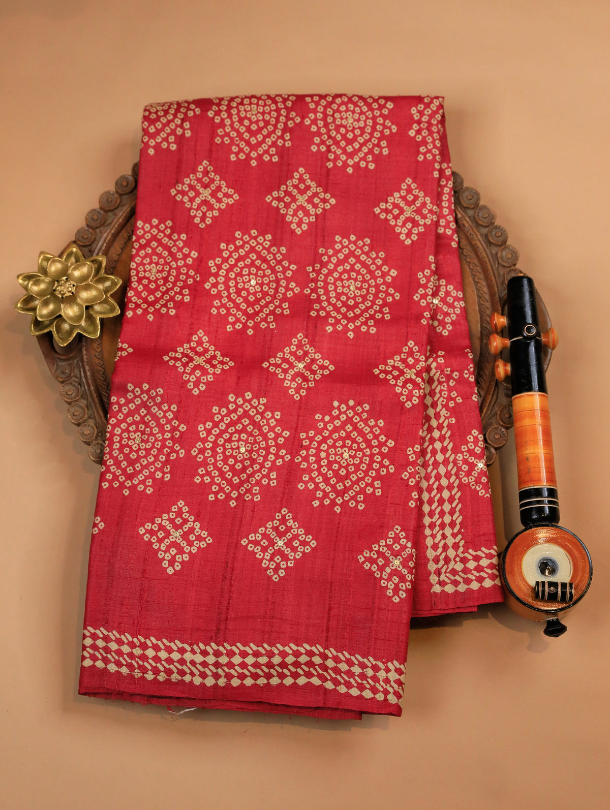 Dusky Red Pure Tussar Silk Saree with Bandhani Print & Coordinated Border
