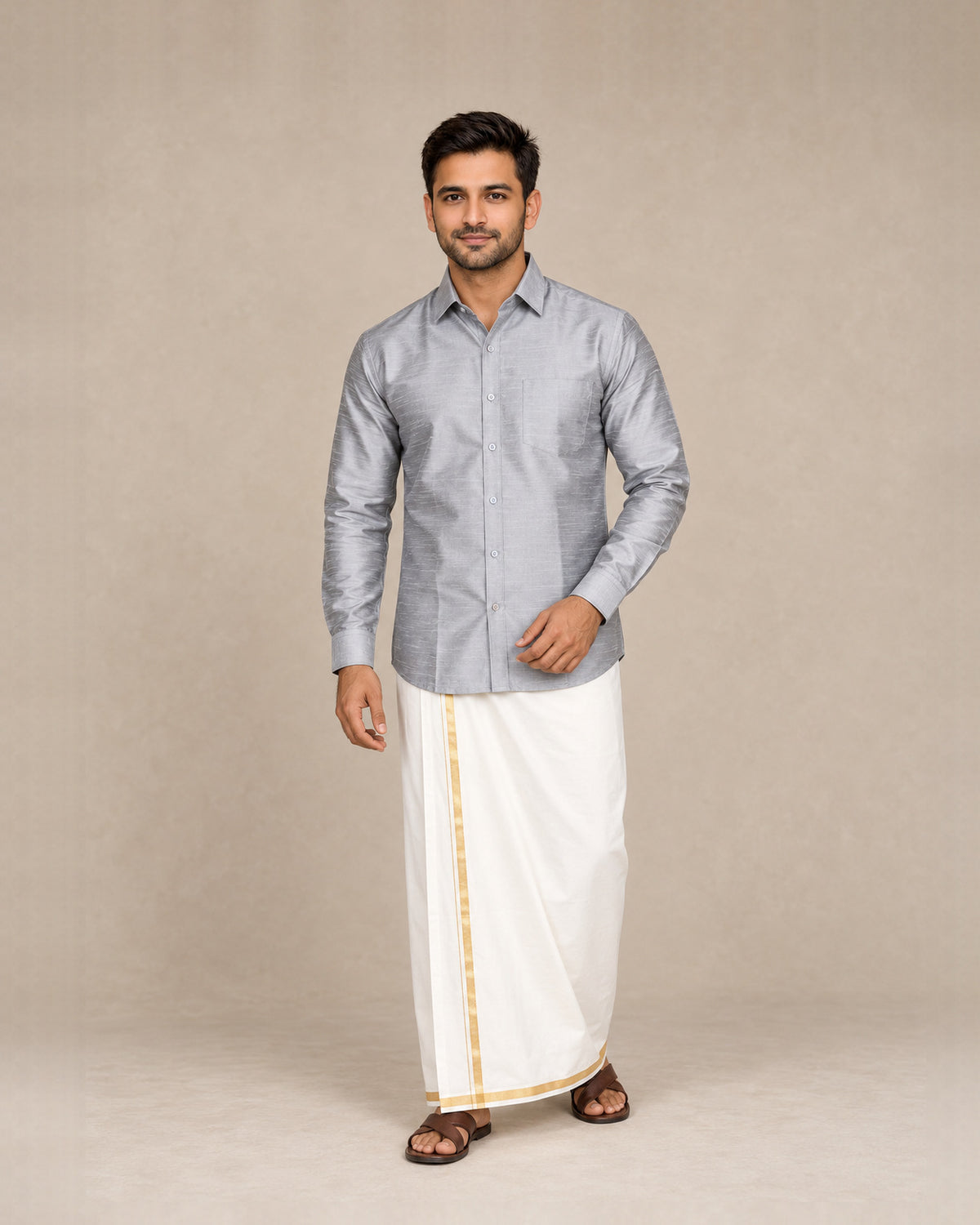 Light Grey Plain Raw Silk Shirt