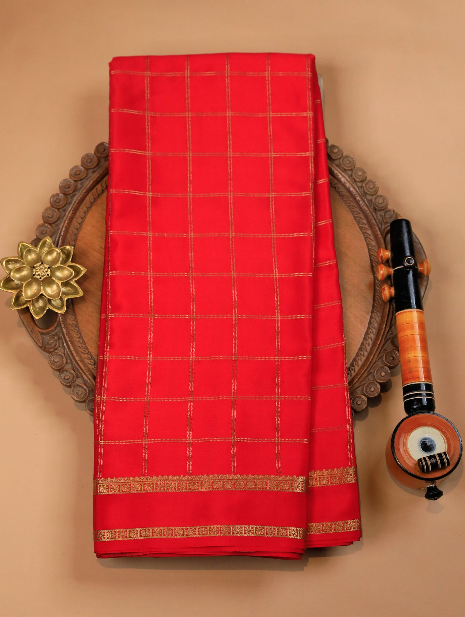 Bright Red Mysore Crepe Silk Saree with Zari Checks & Floral Border