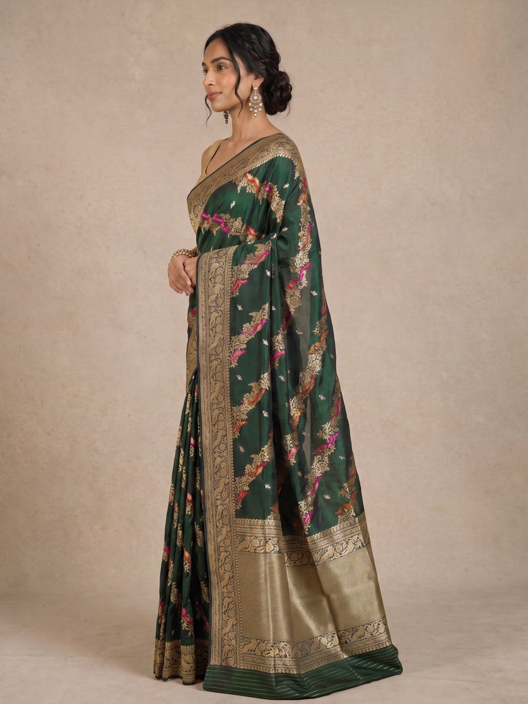 Bottle Green Pure Banarasi Silk Saree with Meenakari Birds & Peacock Border