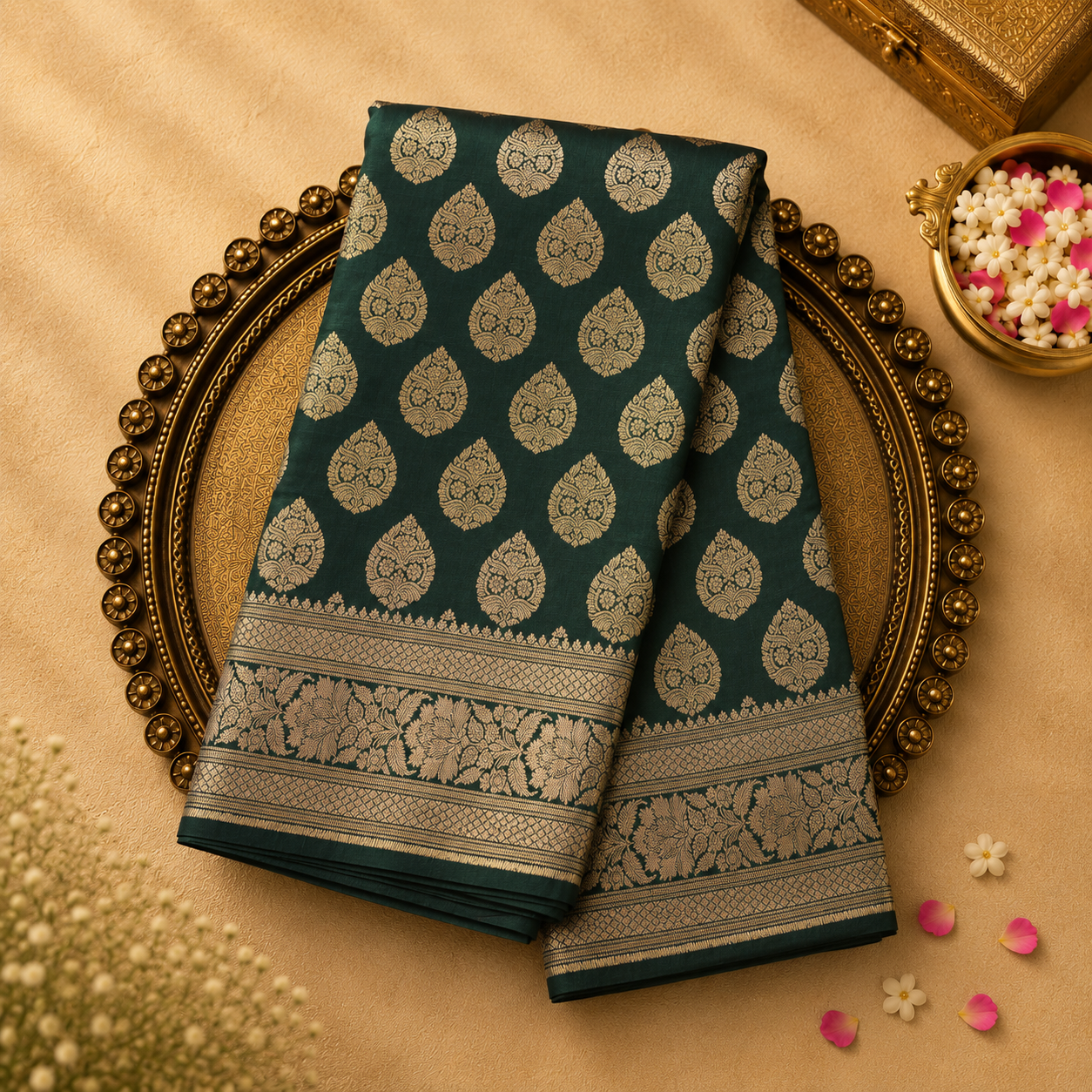 Dark Green Soft Silk Saree with Gold Symmetrical Zari Motifs
