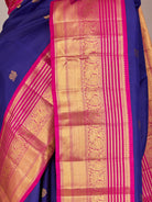 Dark Ink Blue Pure Kanjeevaram Silk Saree with Gold Buttas & Pink Border - detail