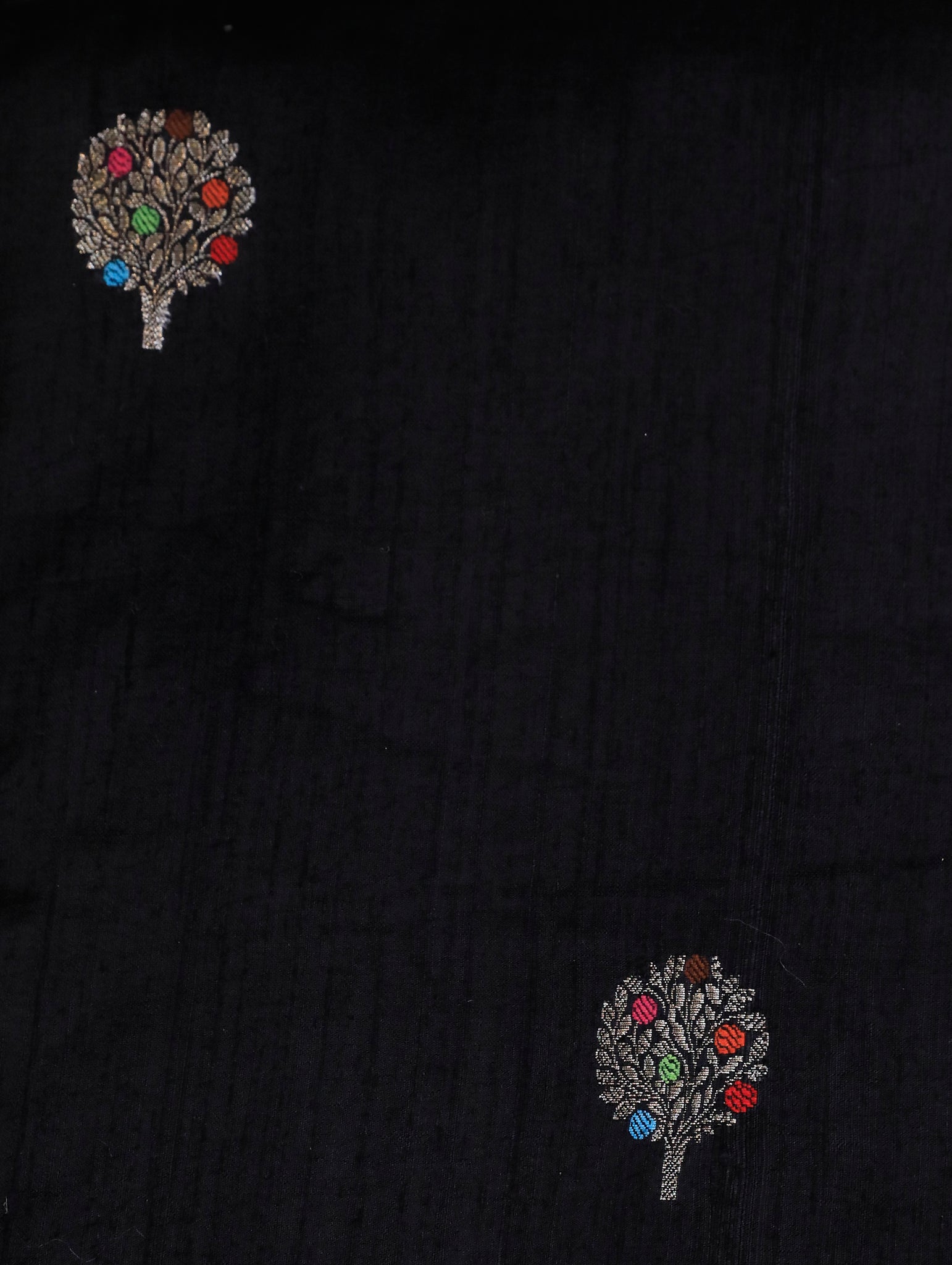Black Pure Tussar Silk Saree with Zari Motifs & Embroidered Organza Border